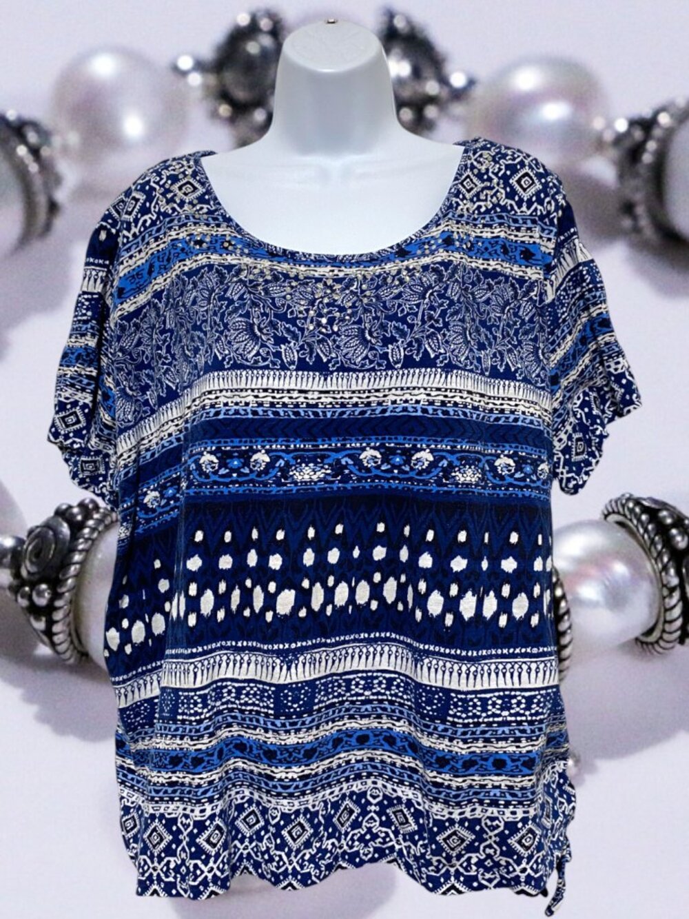 Erika-Women's 2X Plus Size Pullover Multi-Color Top Rhinestone Neckline-Cotton